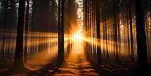 Mysterious forest at sunrise with rays of light passing through the trees