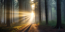 Panoramic view of the mysterious forest with sunbeams.
