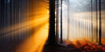 Digital composite of Sunbeams shining through misty trees in forest