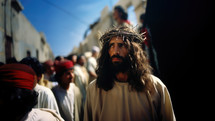 Jesus Christ with crown of thorns on the street of Jerusalem