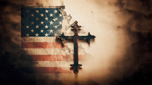 American flag with cross on grunge background. Christian religion concept.