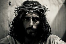 Jesus Christ with crown of thorns on his head. Black and white.