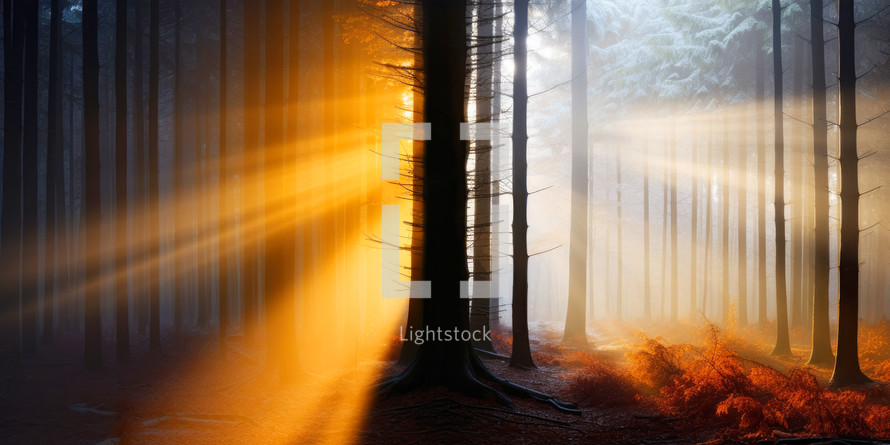 Digital composite of Sunbeams shining through misty trees in forest