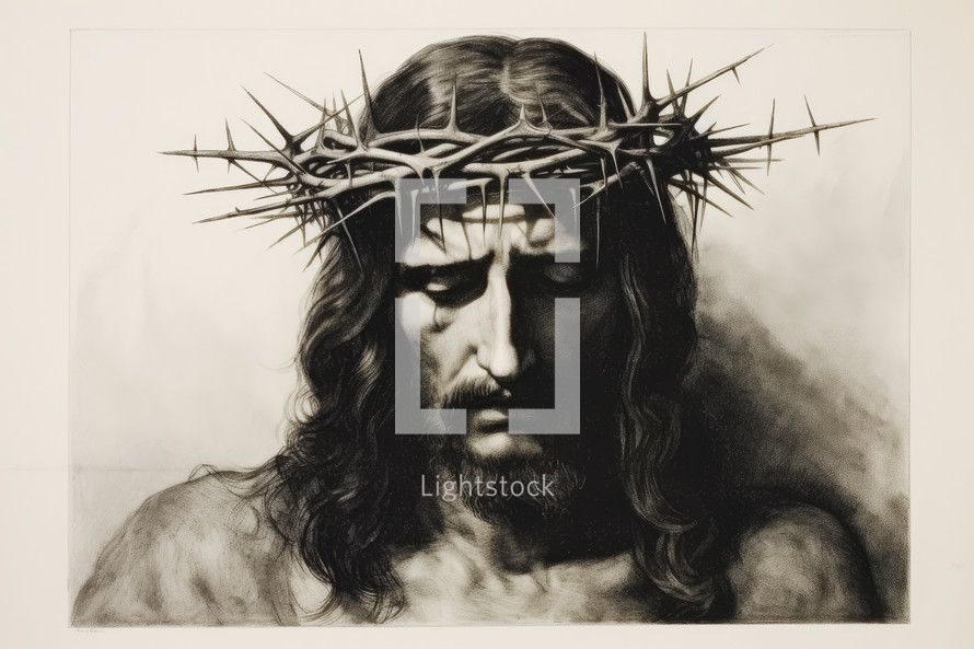 Jesus Christ with crown of thorns. Black and white image.
