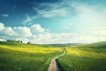 Beautiful spring landscape with green meadow, road and blue sky