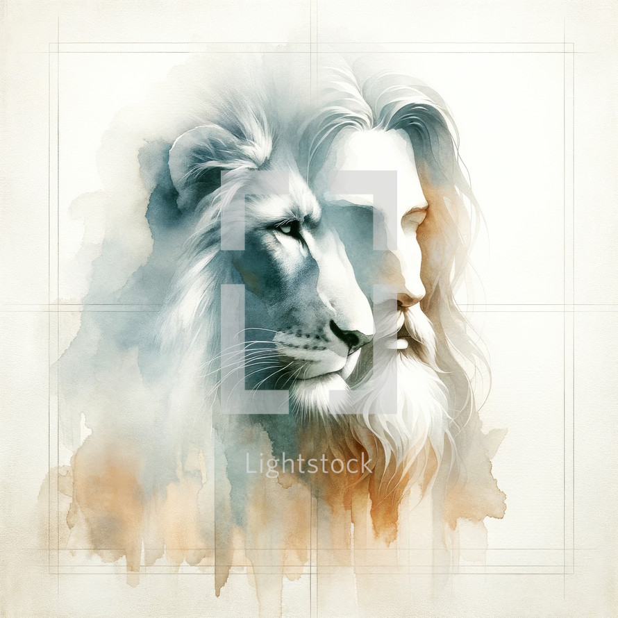 Portrait of a lion face beside Jesus Christ on watercolor background, digital painting.