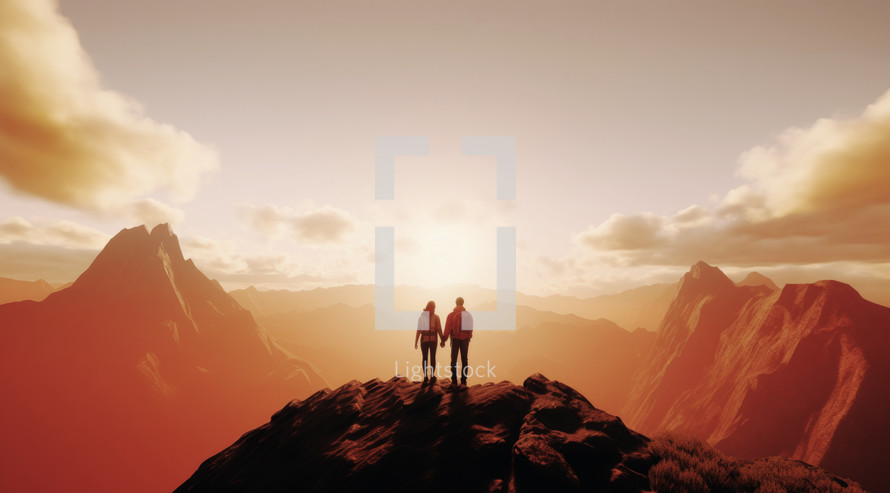 Couple standing on top of mountain against orange sky