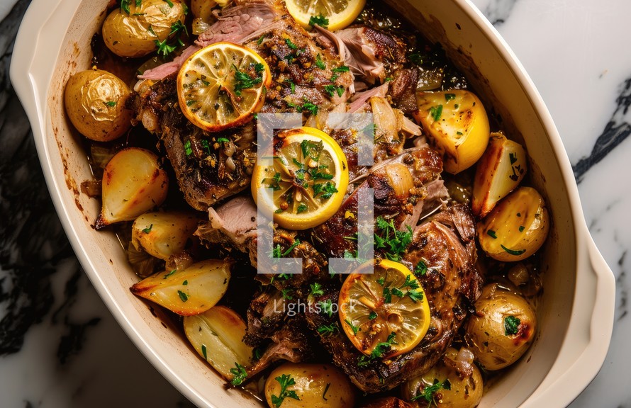 Easter. Roasted lamb with potatoes and herbs in a baking dish, top view