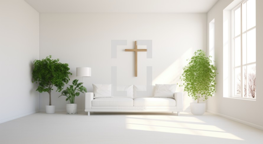 Living room with christian cross, white sofa and plants. Christian home interior