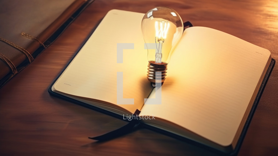 Light bulb and notebook on wood table background, business idea concept.