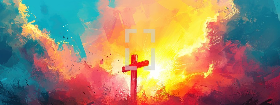 Cross of Jesus Christ at sunset. Easter concept. Illustration.