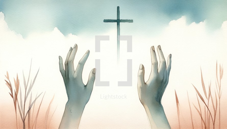 Hands and the cross on the sky background.