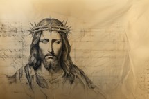 Jesus Christ with crown of thorns on old paper background with copy space