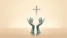 Hands with a cross in the water. Illustration.