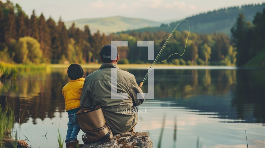 A man and a boy, likely father and son, are standing together on a fishing boat in the middle of a calm lake. The man is holding a fishing rod, while the boy looks attentively at the water, possibly waiting for a catch.