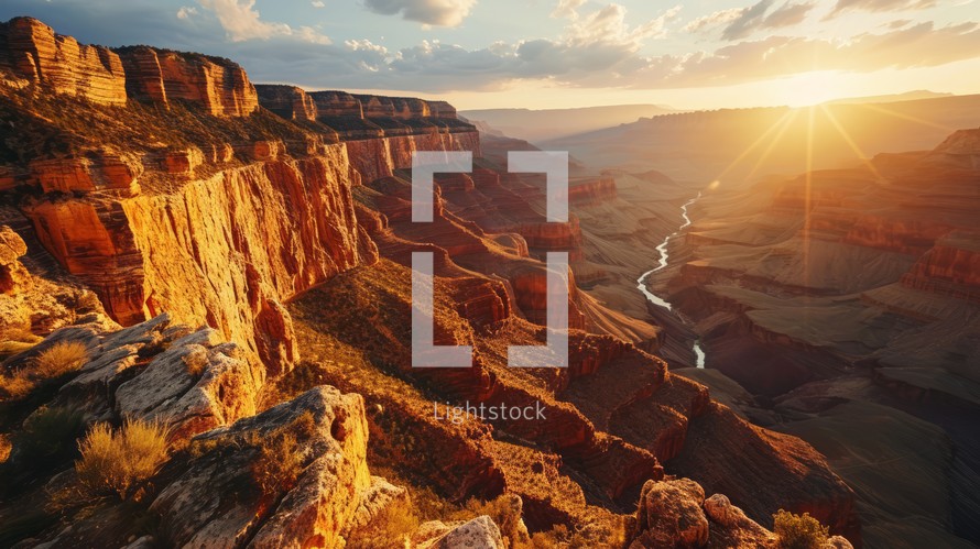 Generative AI conic canyon rims, drone's altitude, sun setting, rugged terrain, high-definition sunset tableau in the Grand Canyon