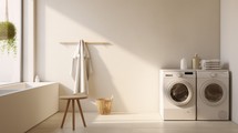 Generative AI A serene white room with a wall-mounted washing machine, emphasizing simplicity and functionality