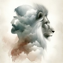 Portrait of a lion and Jesus in double exposure in the clouds. Digital painting.