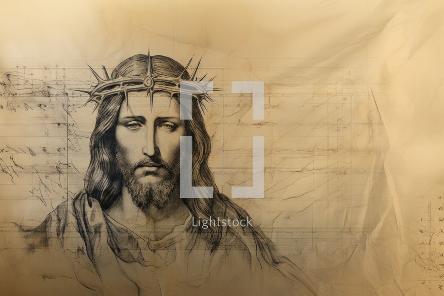 Jesus Christ with crown of thorns on old paper background with copy space