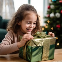 Happy little girl opening Christmas gift box at table in living room