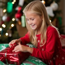 Holidays, presents, childhood and people concept - smiling little girl with Christmas gift box over living room background