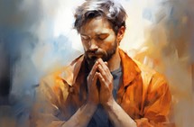 Painting of a young man praying with his hands folded in prayer
