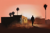 Parable of the Prodigal Son. Silhouette of a man walking in the desert with palm trees