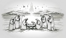 The Visit of the Shepherds. Life of Christ. Black and white Line Art Biblical Illustration