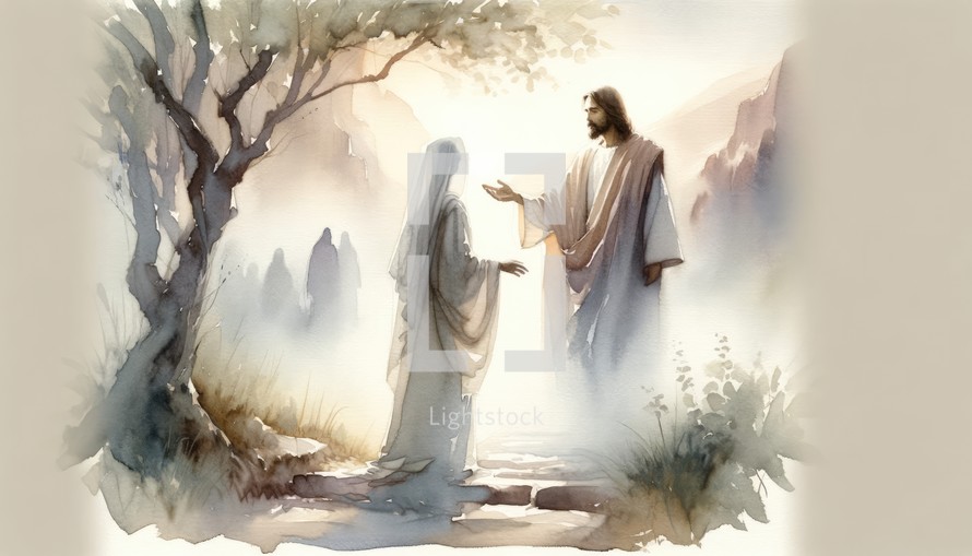 Jesus Christ appears to Mary Magdalene. Life of Christ. Watercolor Biblical Illustration