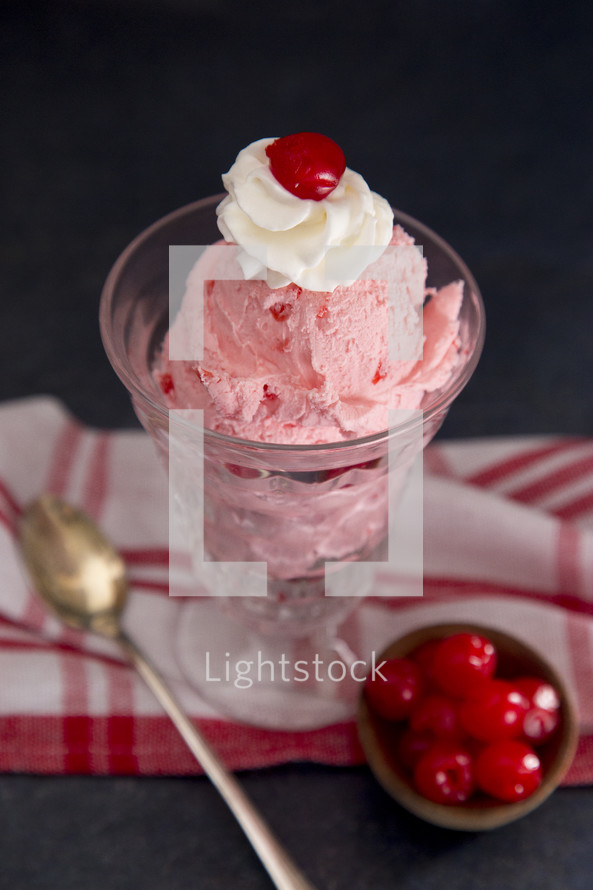 Cherry Ice Cream Sundae with Whipped Cream and a Cherry on Top