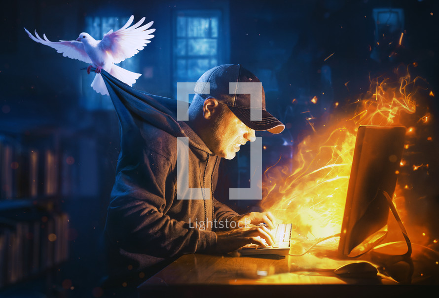 Holy Spirit trying to pull an angry man from typing on the computer