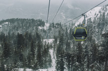 gondola lift over a winter mountain forest 