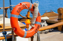 life ring, life ring or lifesaver ring on a Greek fishing boat