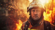 A man wearing a firemans helmet stands bravely in front of a raging fire, prepared to battle the flames with determination and courage. The intense heat and billowing smoke create a dangerous environment, but the firefighter remains resolute in his duty to protect and serve.