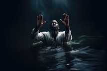 Baptism. Black man in a white shirt in worship in the water