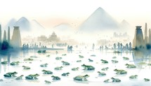 The Plagues of Egypt. Watercolor illustration of frogs covering the land of Egypt.