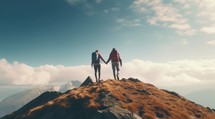 Couple in love holding hands on top of a mountain. Man and woman standing on top of the mountain and looking at the landscape.