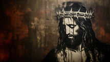 Jesus Christ with crown of thorns on grunge wall background.