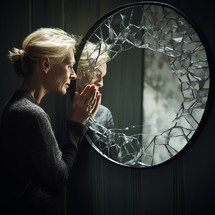 A 50-year-old woman looks at her reflection in a cracked mirror.