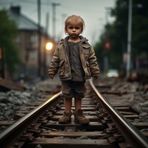 Little boy in a jacket and shorts on the railway tracks at sunset