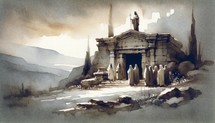 The Watch at the Tomb of Jesus Christ. Passion Saturday. Life of Christ. Watercolor Biblical Illustration