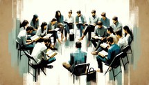 Illustration of Bible Study. A group is reading the scripture