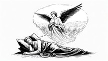 An Angel appears to Joseph. Life of Christ. Black and white Line Art Biblical Illustration