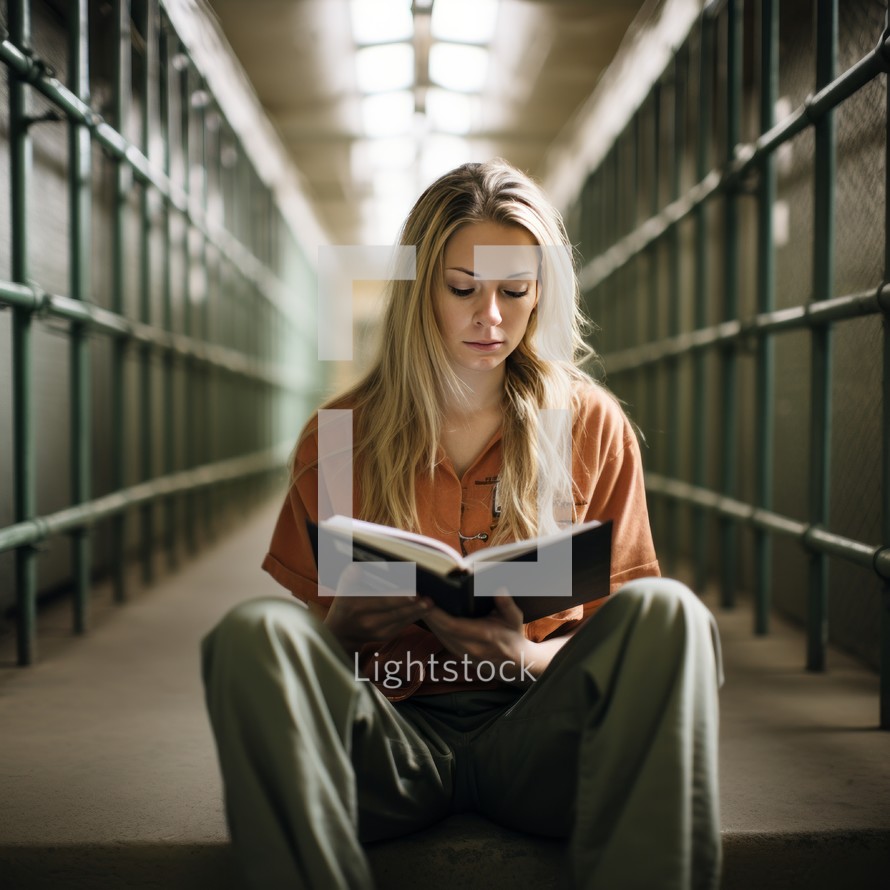 Young woman sitting on the stairs in a prison cell reading a book