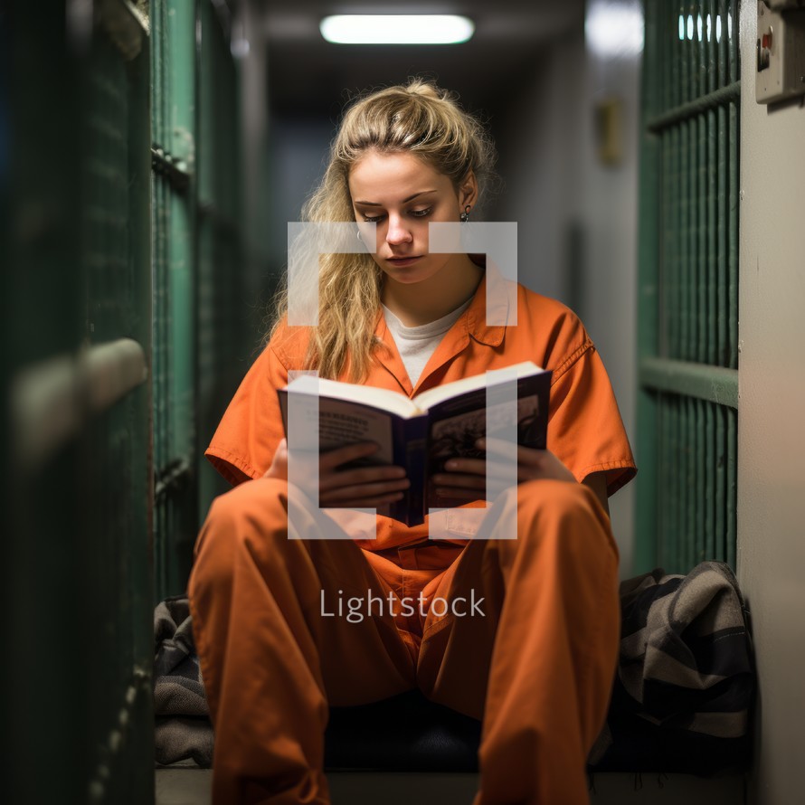 Young woman prisoner sitting in a jail cell and reading a book.