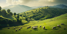 Flock of sheep on a green meadow in the mountains.