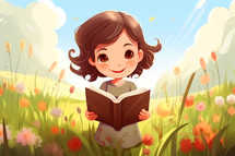 Little girl reading a book in the meadow with flowers. Cartoon style.