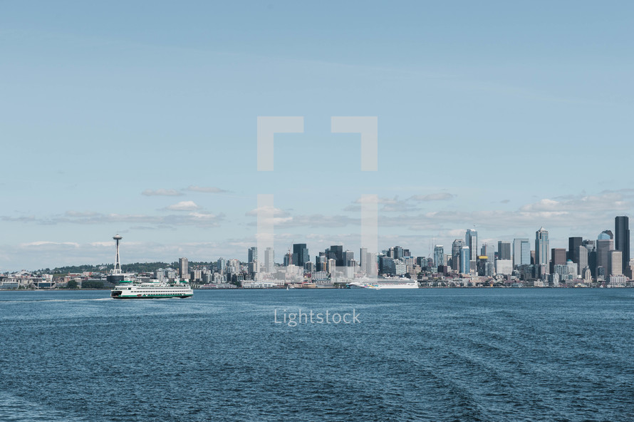 ferry and NY city skyline 