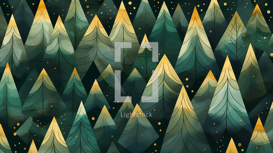 Modern tree landscape illustration with green and gold. 