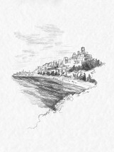 pencil sketch of a city by water 